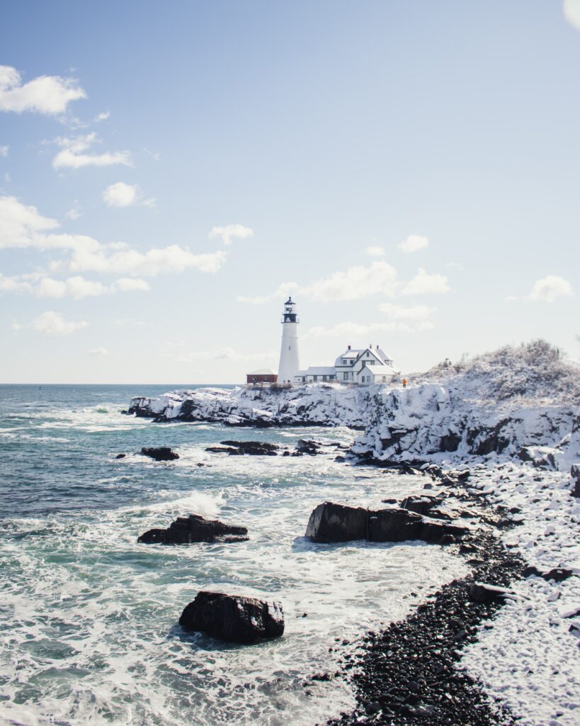 Lighthouse, snowy winter day in Maine